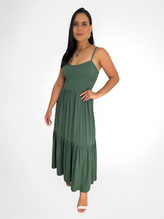 VESTIDO MIDI DE VISCOSE COM ALÇA E LASTEX ATRAS - VERDE MILITAR - comprar online