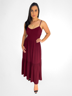 VESTIDO MIDI DE VISCOSE COM ALÇA E LASTEX ATRAS - VINHO - Lola Collection