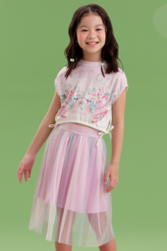Conjunto Infantil Petit Cherie Blusa com Cristais e Saia Tule Candy Color Lilás