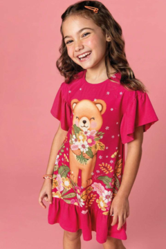 Vestido Ursinho em Meia Malha Rosa Escuro Infanti
