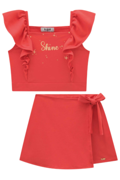 Conjunto Infantil Cropped e Shorts-Saia em Molevisco Kukie Vermelho