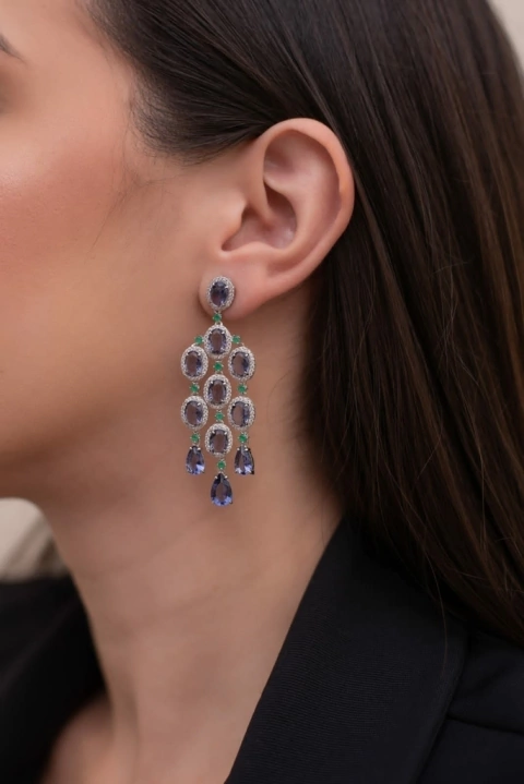 Brinco Cascata Luci Tanzanita + Esmeralda
