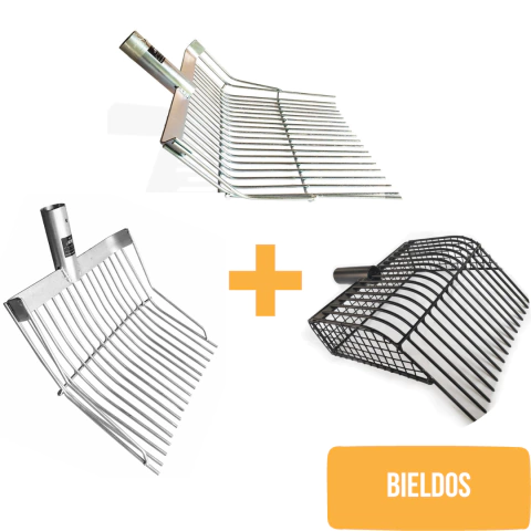 KIT BIELDOS - 1 Bieldo Galvanizado Grande + 1 Bieldo Galvanizado Normal + 1 Bieldo Canasta de Acero