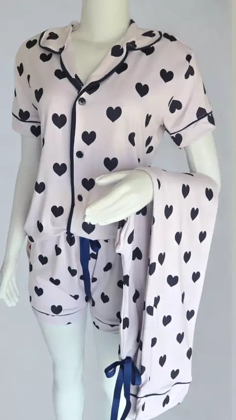 Trijama coração azul marinho- Kit de pijama 3 peças - comprar online