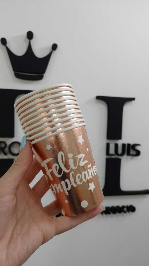 VASOS 250ML POLIPAPEL ROSE GOLD METALIZADO FELIZ CUMPLEAÑOS x10 U