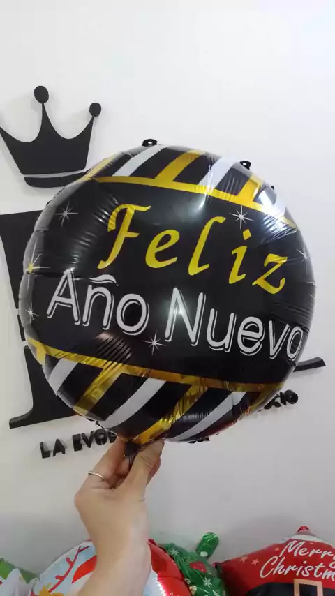 REDONDO 18" FELIZ AÑO NUEVO x1 U NEGRO CON RAYAS