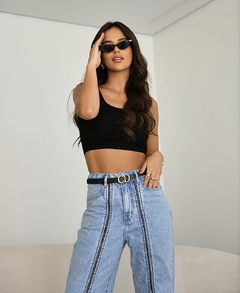 CALÇA WIDE LEG ZIPER FRONTAL LAVAGEM CLARA MARMORIZADA ALCANCE - Maria Bunita Brand