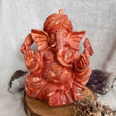 * Estátua de Gesso Ganesha Pintura Granito Laranja 20x21cm - Misan Artesanato