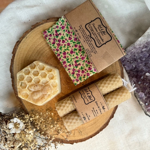 * Kit com 2 velas, 1 sabonetes e 1 pano de cera (Kit B) - Art e Mel