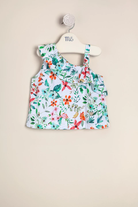 Remera de algodon estampado exclusivo con volado en el escote asimetrico Zara