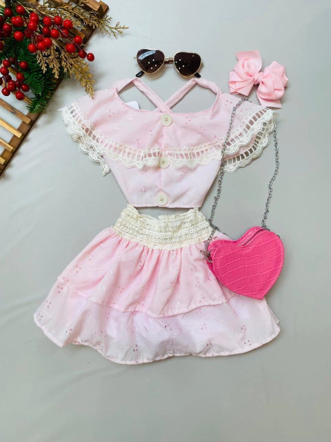 Conjunto Lunna Short Saia Rosa e Branco 4 a 12 - comprar online