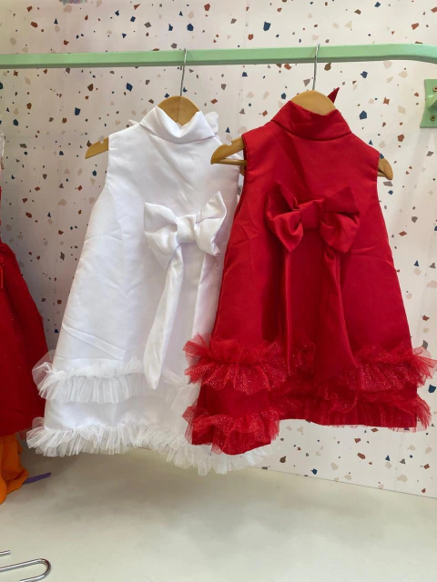 Vestido Laco Gola Alta Vermelho e Branco 4, 8 e 10