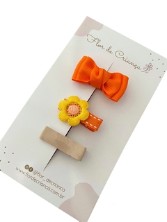 Trio de presilhas floral laranja