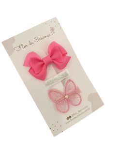Trio de presilha para bebê borboleta rosa