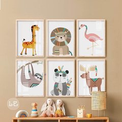 Set de 6 cuadros en marco natura. Serie Animalitos. - comprar online