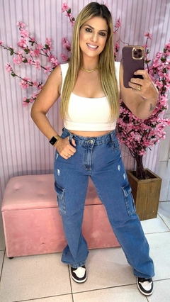 Calça Jeans Cargo Faixa Rosa - Fina Estampa Modas