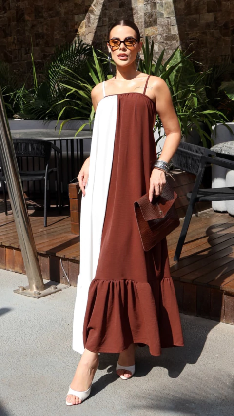 Vestido Bicolor - Branco/Chocolate - comprar online