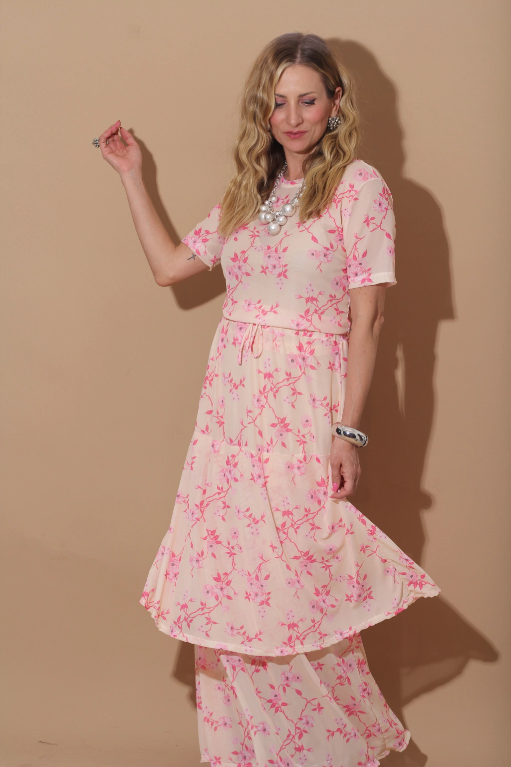 Saia Camadas Tule Floral Bege