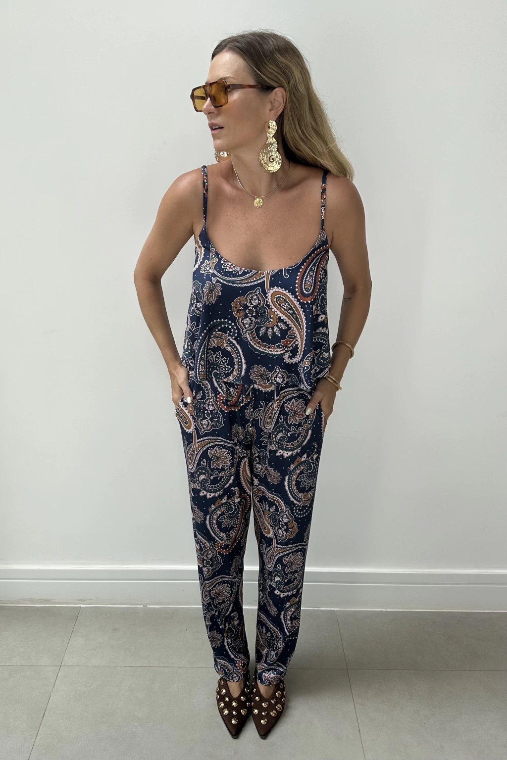 Regata Cropped Paisley Azul Marinho