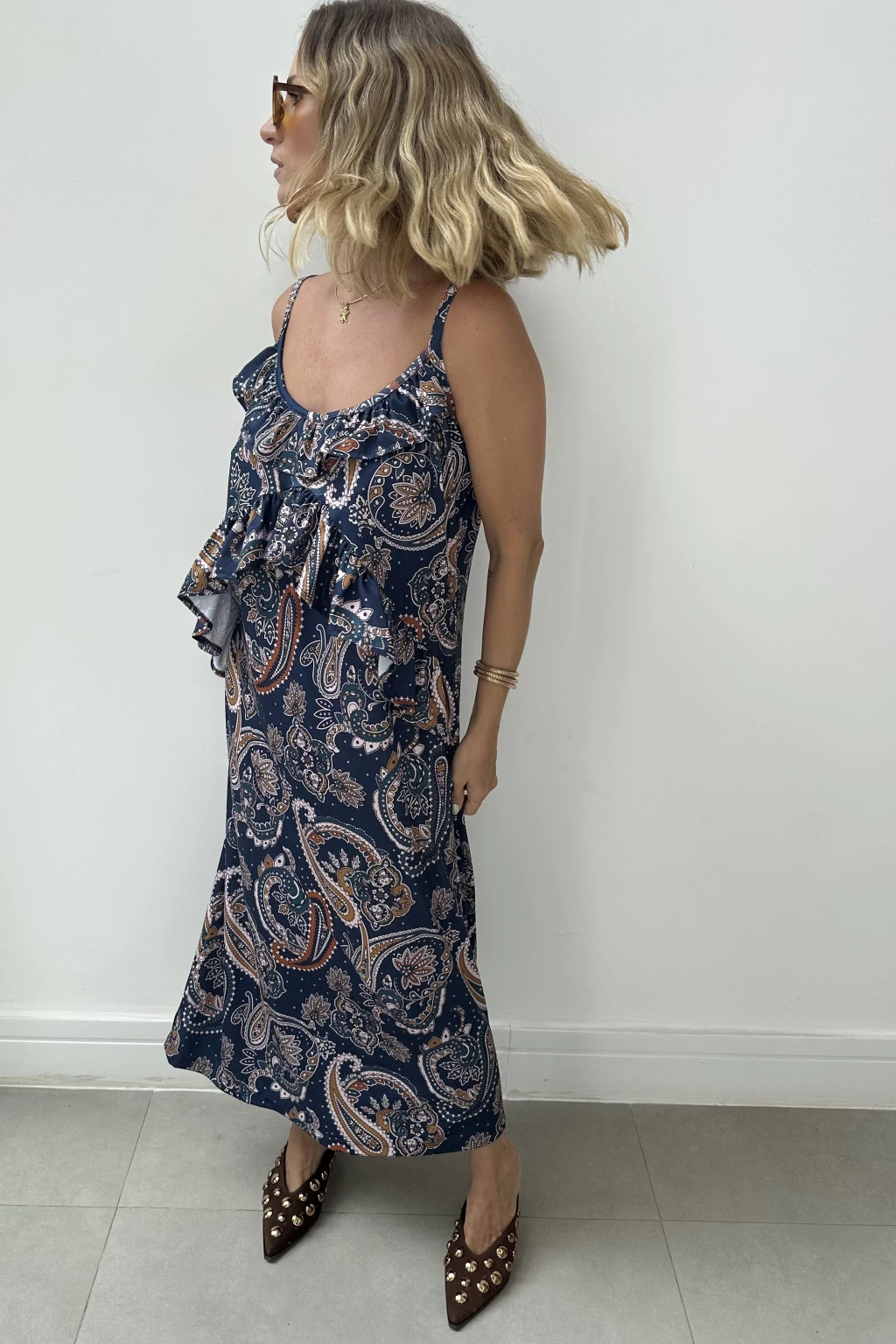 Vestido Babados Paisley Azul Marinho