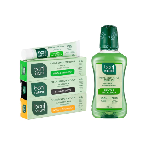 Kit 3 Cremes Dentais Misto 90g + 1 Enxaguante Bucal Menta e Melaleuca 250ml Boni Natural