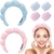 Conjunto de acessórios para skincare, incluindo tiara azul e rosa, presilhas e elásticos.