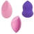 Conjunto de esponjas de maquiagem em diferentes formatos e cores, incluindo rosa e roxa.