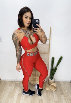 Conjunto Top e Legging Cinto Empina Bumbum Vermelho com Oncinha Brocado