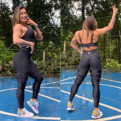 Conjunto Top e Legging Band Empina BB Preto Brocado - WORKOUTFITBRAZIL