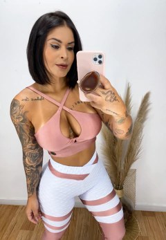 LEGGING BAND EMPINA BUMBUM BROCADO BRANCO COM ROSE en internet