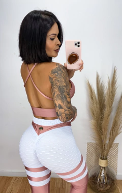 LEGGING BAND EMPINA BUMBUM BROCADO BRANCO COM ROSE - comprar online