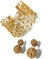 Conjunto em crochê fio metal, bracelete renda leque e brincos bolinha dupla dourado.
