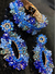 Conjunto em crochê fio metal ouro e cristais swarovski em tons de azul.