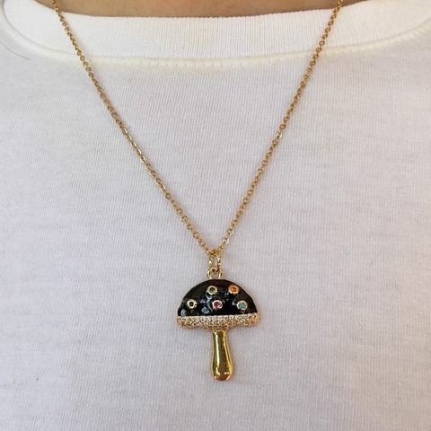 Colar Cogumelo Esmaltado Zircônia Banho Ouro 18k 