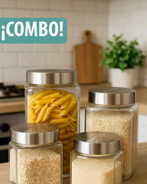 Combo frascos cuadrados tapa acero x4
