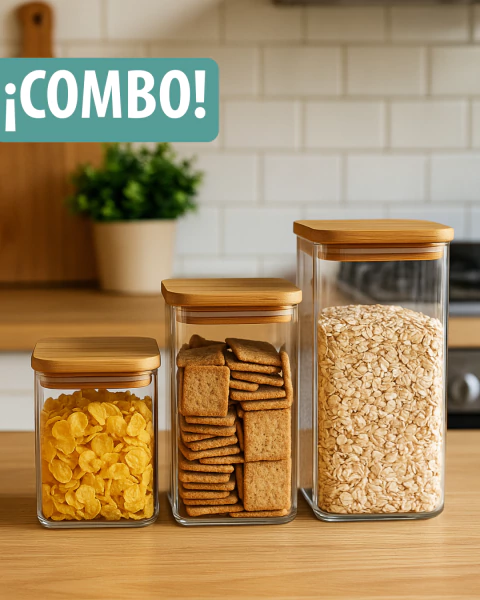 Combo frascos cuadrados tapa bambu x3