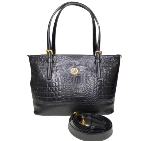 BOLSA MÉDIA EM COURO JADE - PRETA CROCO