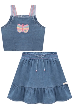 Conjunto de Blusa Cropped e Saia em Jeans Liz (com Shorts Embutido) Kukiê 73896 na internet