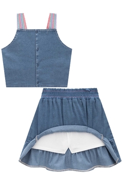 Conjunto de Blusa Cropped e Saia em Jeans Liz (com Shorts Embutido) Kukiê 73896 - Estrelinha Baby Kids