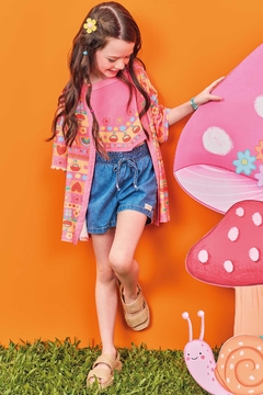 Trio de Kimono e Top em Malha Fresh e Shorts em Jeans Liz Kukiê 74675