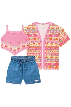 Trio de Kimono e Top em Malha Fresh e Shorts em Jeans Liz Kukiê 74675 - comprar online