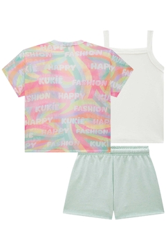 Trio Blusa em Canelado Shorts em Molecotton Botonoê e Kimono em Tela Fashion Kukiê 76025 - Estrelinha Baby Kids
