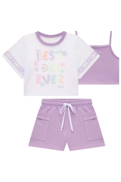 Trio de Top Cropped em Soft Line Blusa Boxy em Tela e Shorts em Moletom Kukiê 76057