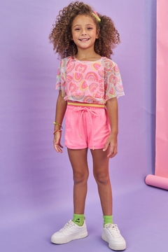 Trio de Top em Canelado Blusa Boxy Over em Tela e Shorts em Moletom Kukiê 78901