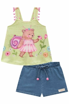 Conjunto de Bata em Malha Fresh e Shorts em Jeans Liz com Elastano Kukiê 77280