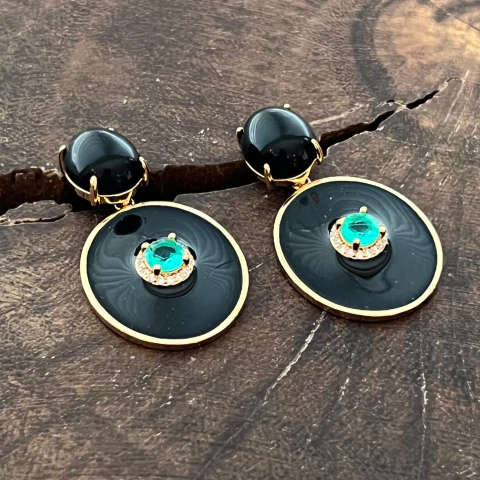 Brinco Esmaltado Preto Cristal Turmalina