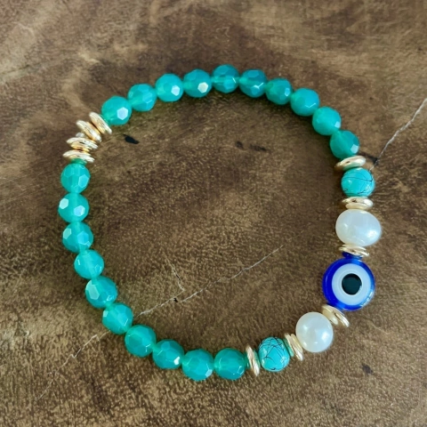 Pulseira Olho Grego e Cristal Verde