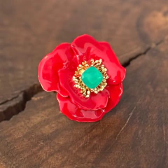 Anel Flor Esmaltado Vermelho- Banho Ouro
