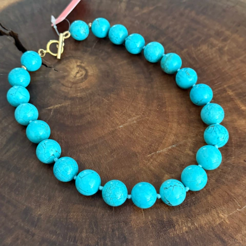 Colar Esfera Turquesa 15mm - Banho Ouro