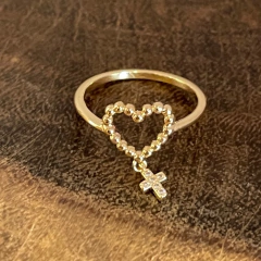 Anel Coração Bolinha e Pingente de Cruz